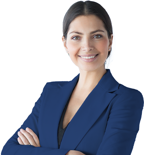 Consultora con traje azul sonriendo